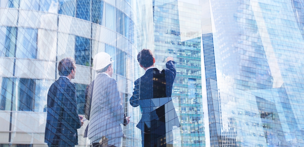 ConstructionWorkAndCommercialRealEstateDevelopmentBusinessBackgroundBanner construction work and commercial real estate development, business background banner double exposure