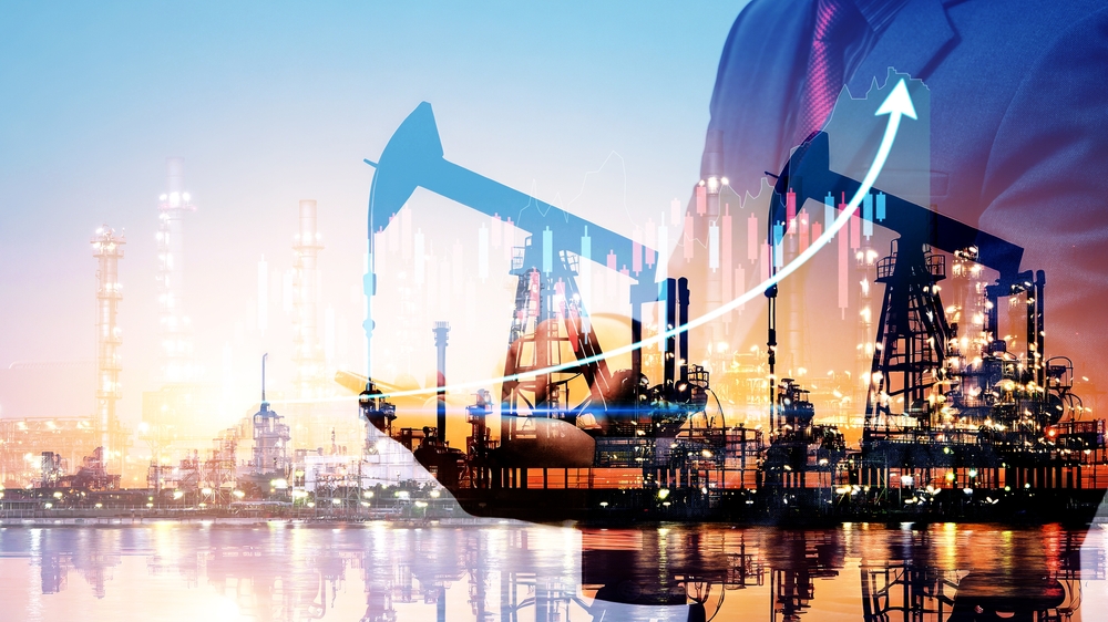 Oil and Gas Marketing in Houston: Winning Global Clients Businessman using digital tablet. Business global internet connection application technology digital marketing, Crude Oil pump oil rig energy industrial machine background. Crude oil increase price.
