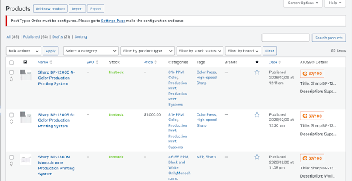 Adding and updating products | itvibes full service digital marketing agency in houston Admin Product List Showing Three In stock Items with Skus and Basic Details