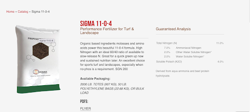 Optimized product pages | itvibes full service digital marketing agency in houston Sigma 11 0 4 Turf and Landscape Fertilizer Product Page with a White Bag on the Left and Product Details on the Right Including Guaranteed Analysis and Packaging Options