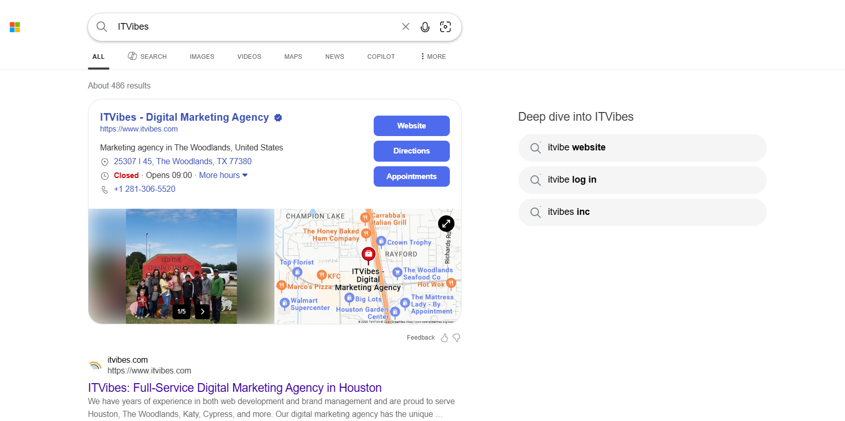 | itvibes full service digital marketing agency in houston Bing Search Results Page Showing a Digital Marketing Agency Listing with Business Details Map Location and Website Link