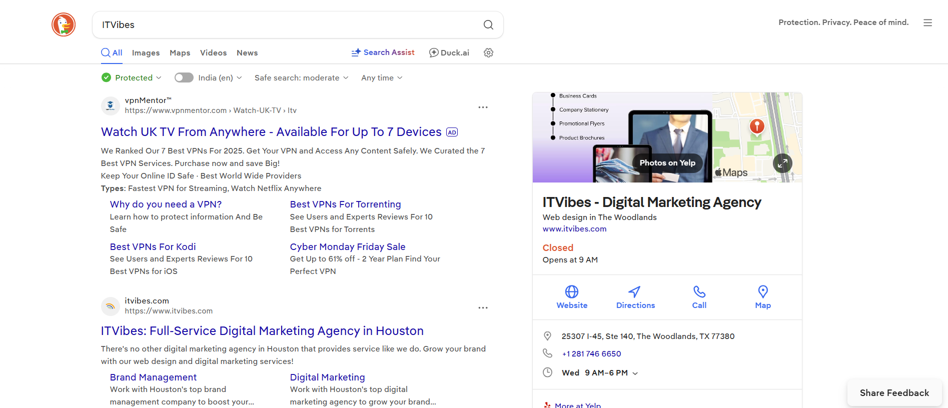 | itvibes full service digital marketing agency in houston Duckduckgo Search Results Page Showing a Digital Marketing Agency Website Listing and Business Information Panel with Map and Contact Details
