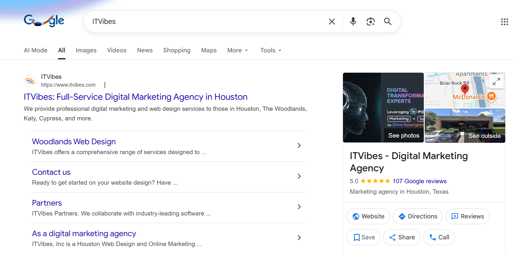 | itvibes full service digital marketing agency in houston Google Search Results Page Showing a Digital Marketing Agency Website Listing and Business Profile Panel
