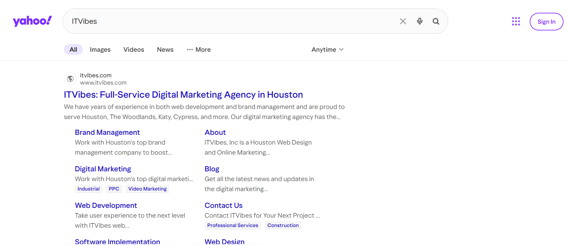 | itvibes full service digital marketing agency in houston Yahoo Search Results Page Showing a Digital Marketing Agency Website Listing with Site Links for Services and Pages
