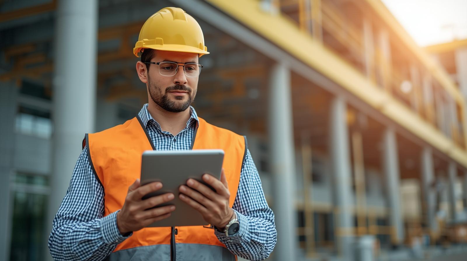| itvibes full service digital marketing agency in houston a Professional Contractor in a Hard Hat and Safety Vest Standing Confidently in Front of a Modern Construction Site Looking Thoughtfully at a Tablet Displaying Charts and Graphs Related to Online Marketing Seeking Paid Ads or Seo Services for Construction Business Marketing Photorealistic Style Warm Inviting Colors Medium Shot