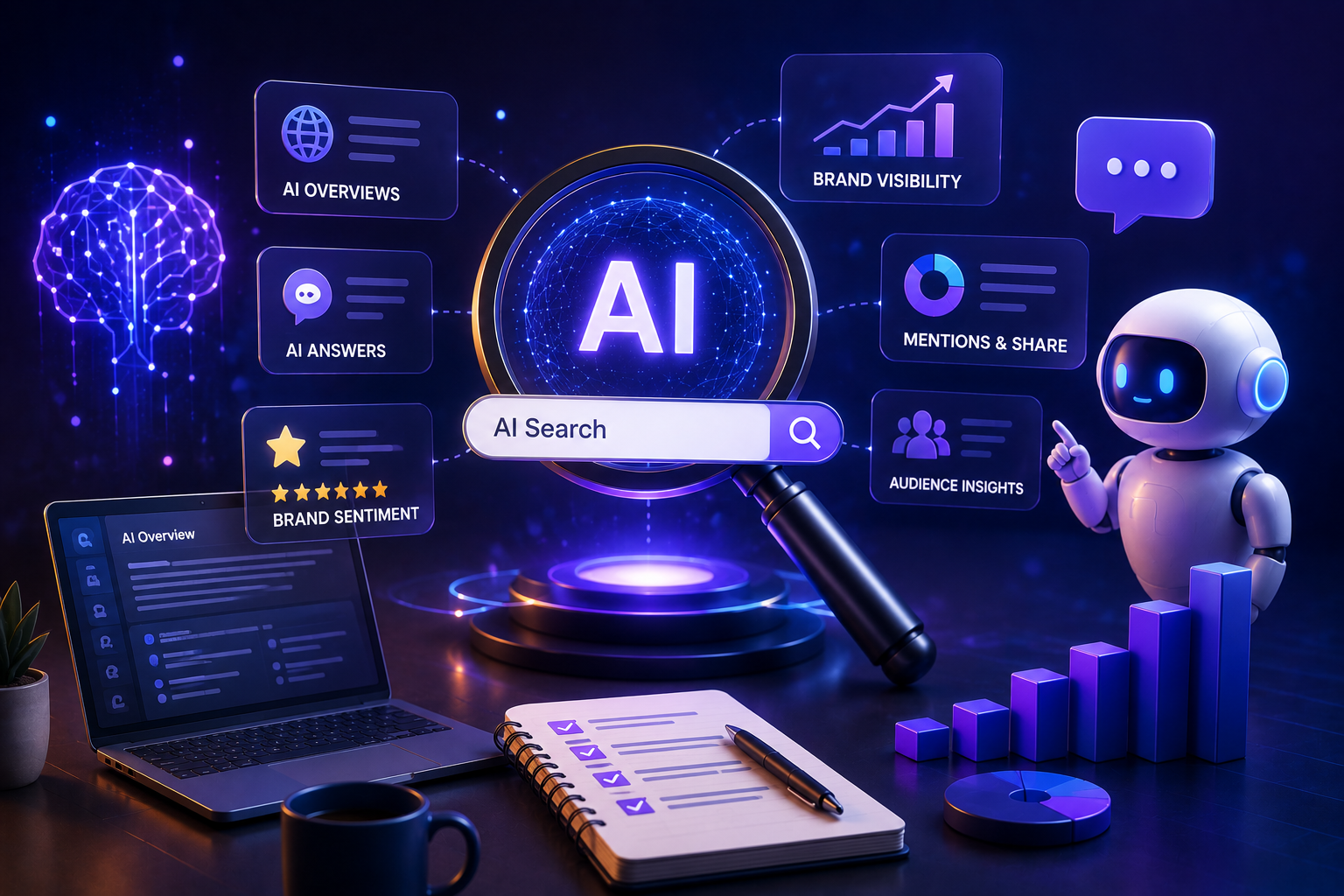 Glowing AI hub with a magnifying glass labeled 'AI Search' and floating analytics panels.