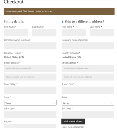 Checkout Form for Entering Billing and Shipping Details with a Coupon Banner Address Fields and a validate Address Button
