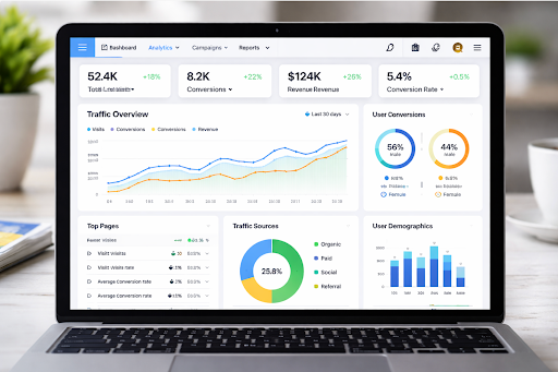 Laptop Displaying a Business Analytics Dashboard with a Traffic Overview Line Chart Donut Charts for Sources and Conversions and Demographics Bars