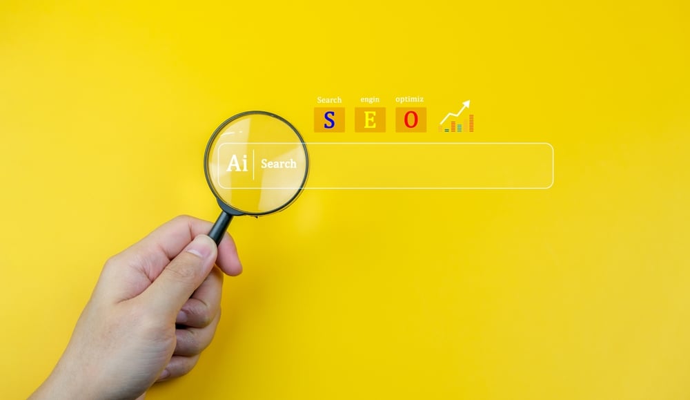 AI-powered search and SEO analytics interface with digital search engine optimization elements