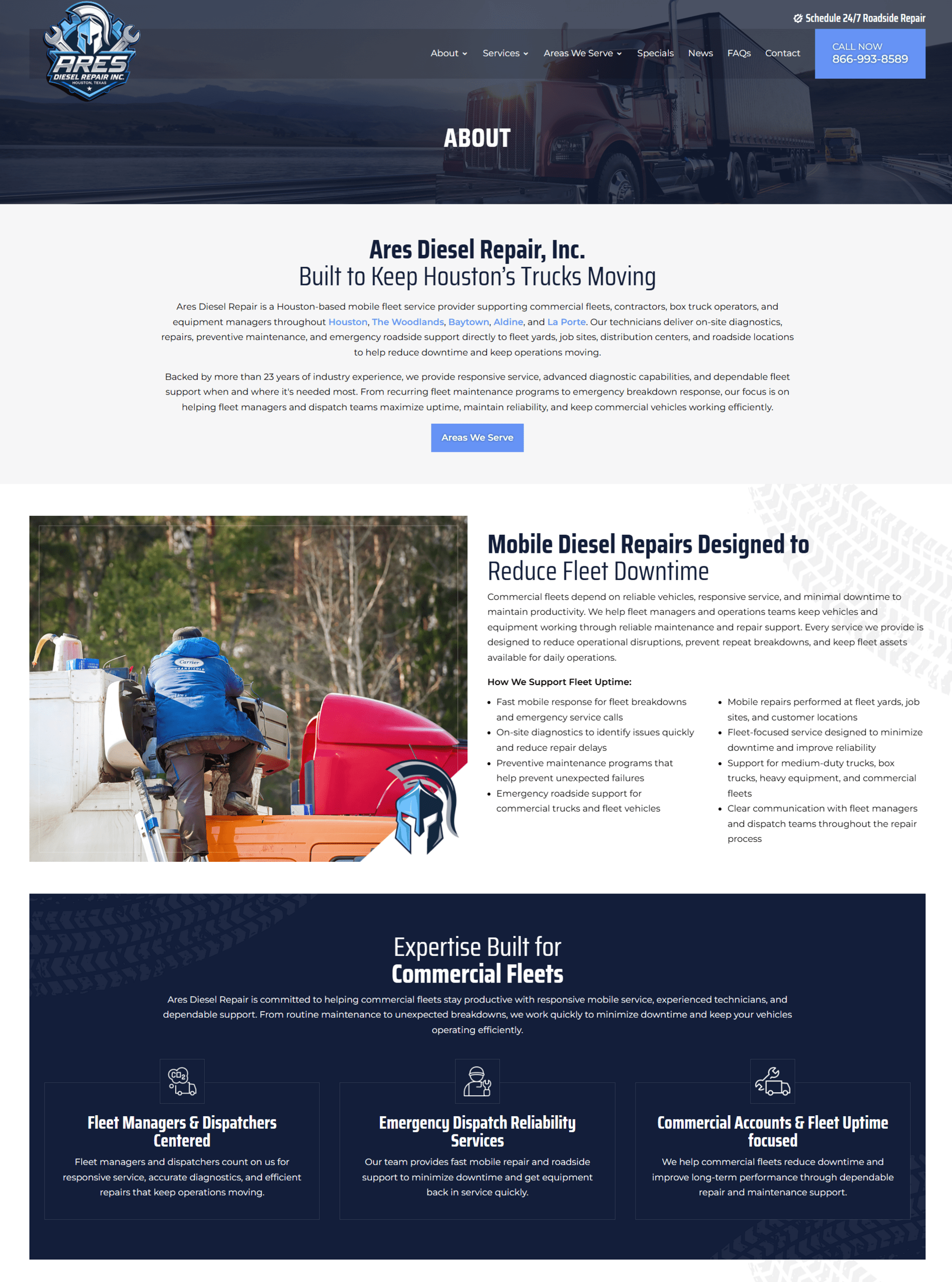 About ares diesel repair commerc | itvibes full service digital marketing agency in houston Hero Banner for Ares Diesel Repair About Page Red Semi truck on a Highway with Overlayed about Text and Navigation in the Header