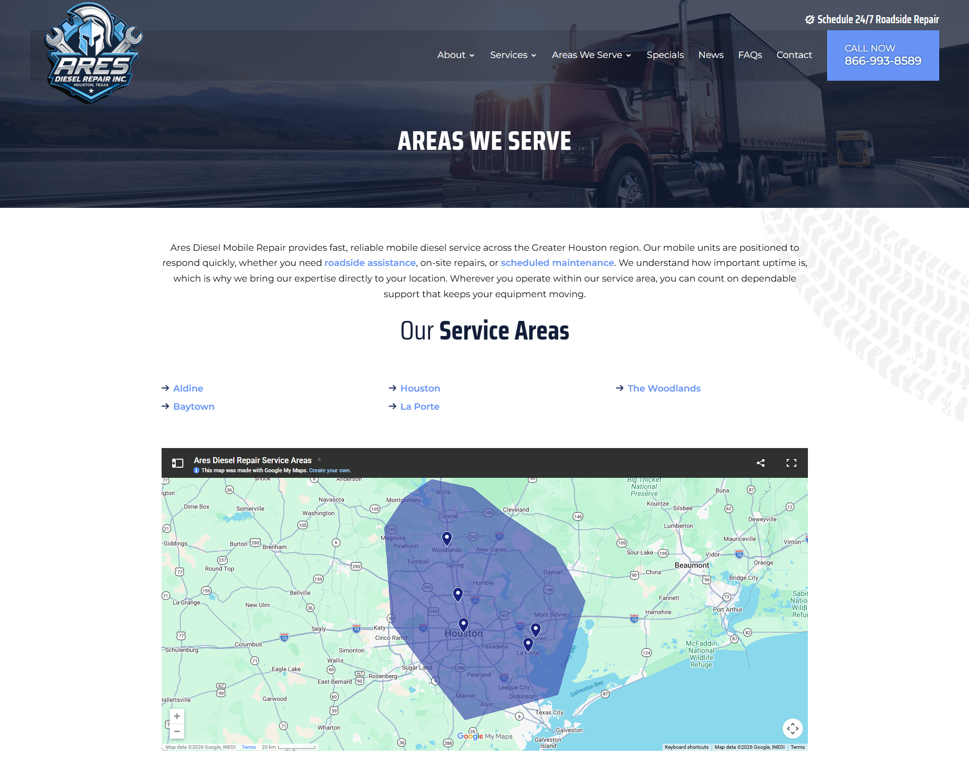 Areas we serve mobile diesel rep | itvibes full service digital marketing agency in houston Map of Ares Diesel Repair Service Areas Around the Houston Metro with Blue Shaded Zones and Pins Indicating Locations