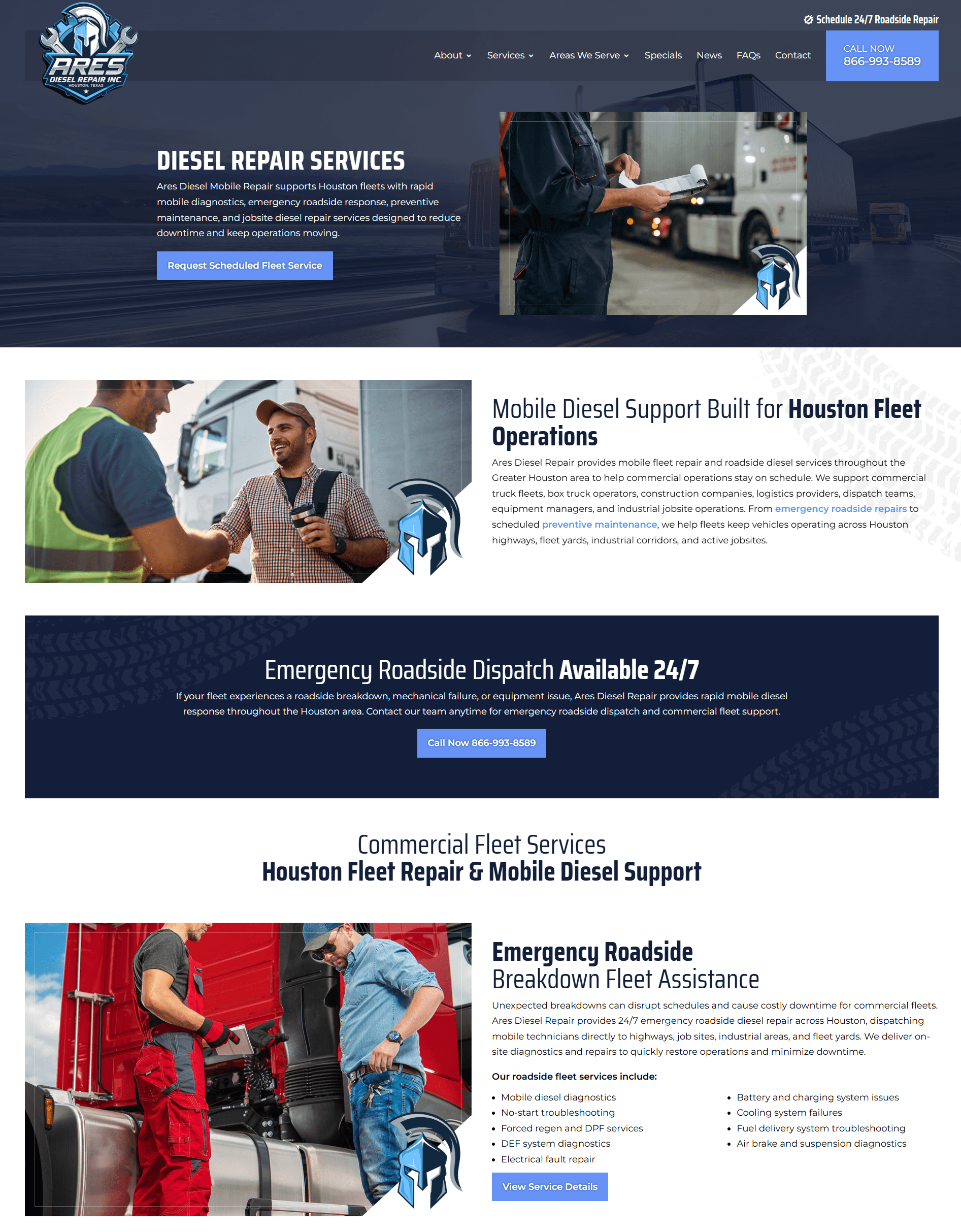 Ares diesel mobile repair servic | itvibes full service digital marketing agency in houston Hero Banner Showing a Diesel Mechanic in Coveralls Holding a Clipboard Beside a Large Truck on a Dark Blue Road Backdrop with the Ares Logo in the Corner