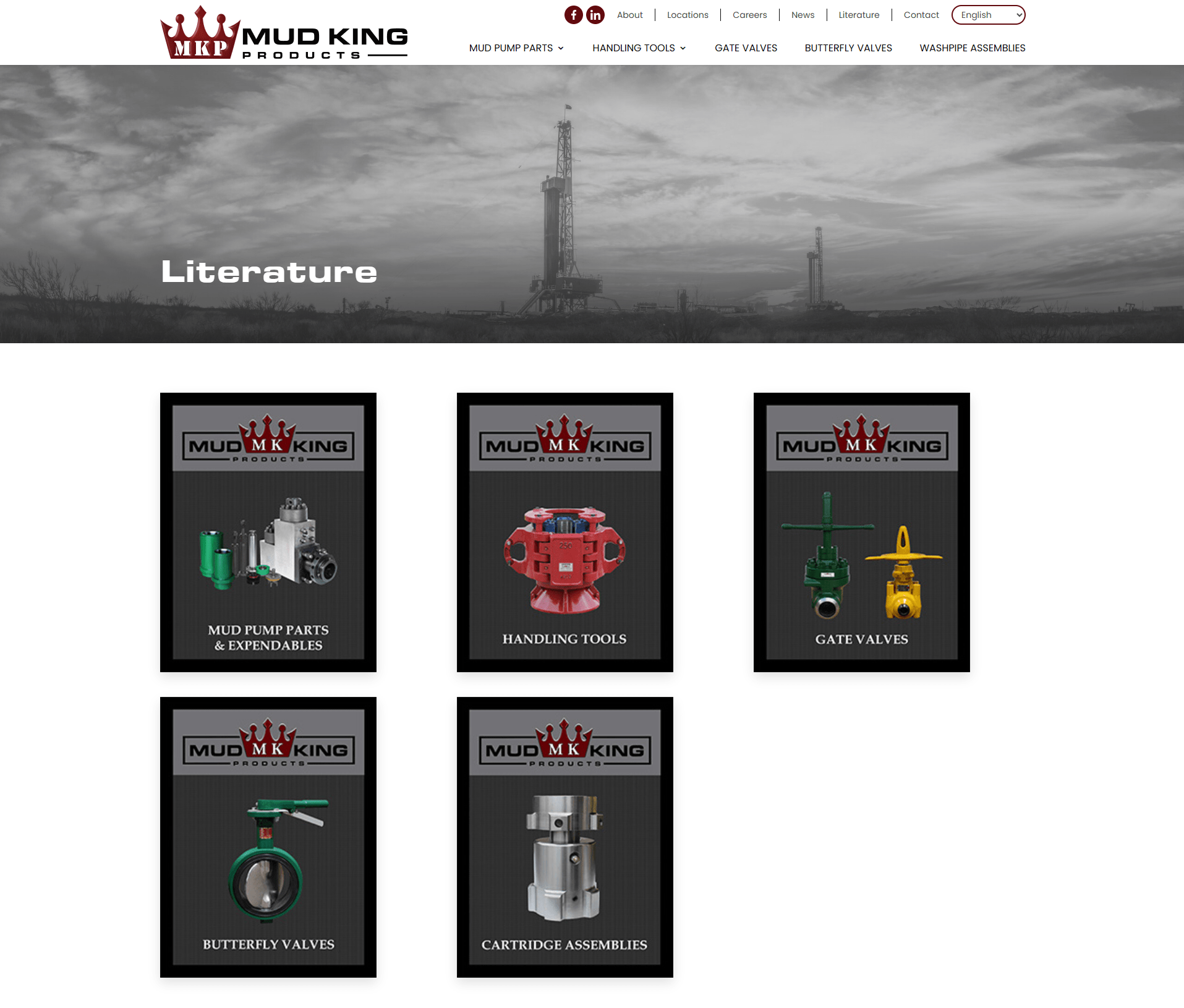 Hero Banner with an Oilfield Background and the Word literature Followed by Product Category Cards for Mud King Pump Parts  Expendables Handling Tools Gate Valves Butterfly Valves and Cartridge Assemblies