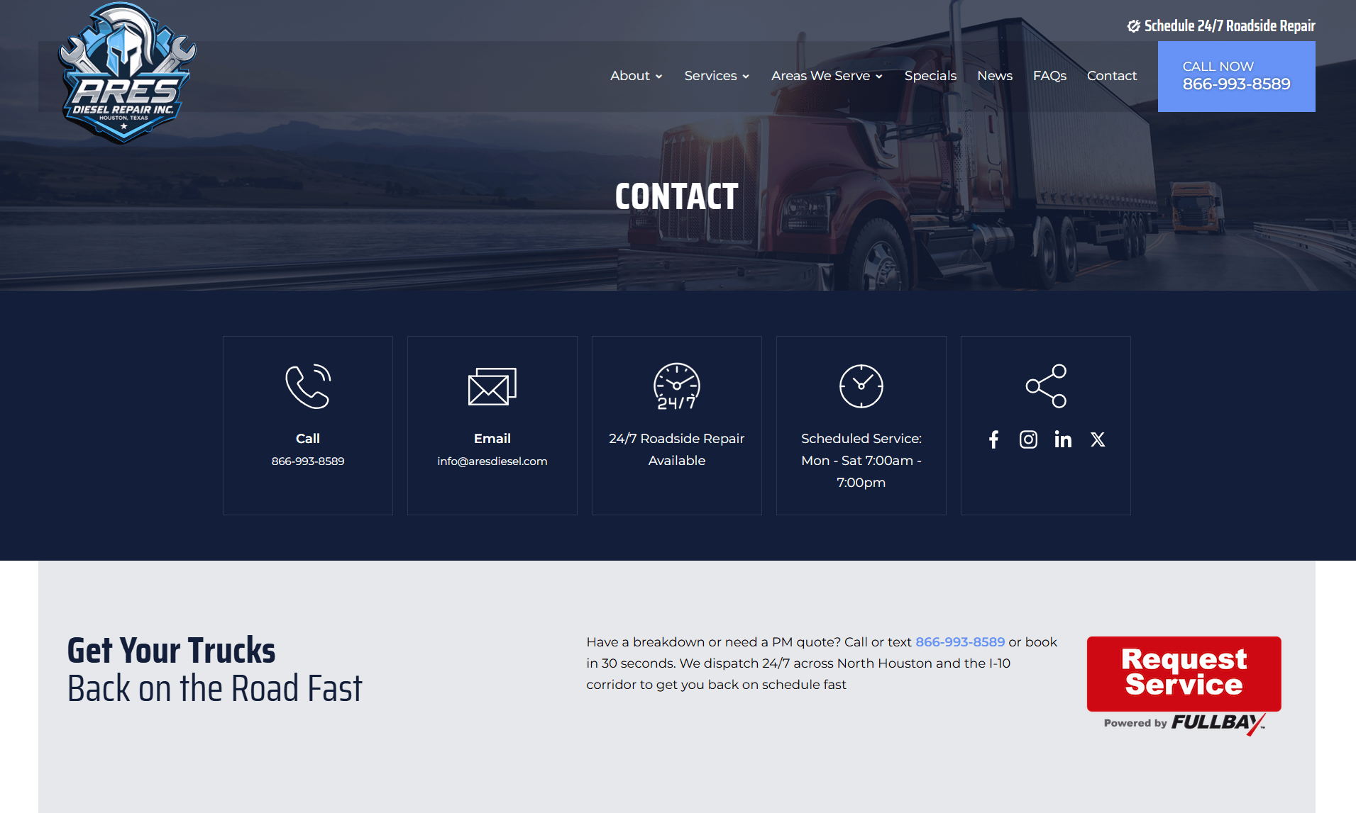 Contact ares diesel repair 24 7 1 | itvibes full service digital marketing agency in houston Five Dark blue Info Tiles Offering Contact Options Call 866 993 8589 Email infoaresdieselcom 247 Roadside Repair Available Scheduled Service Monsat 700am700pm and Social Icons for Facebook Instagram Linkedin and X