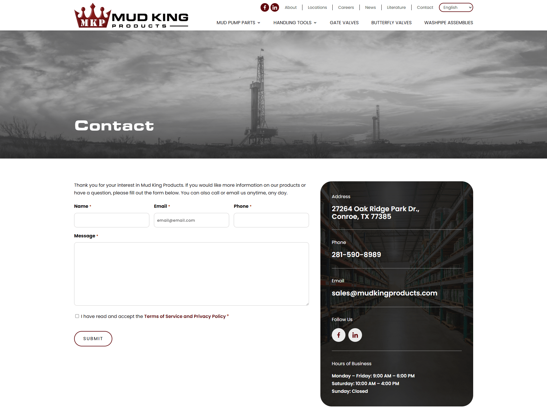 Grayscale Header Image of Oil Rigs with a Large contact Heading Followed by a Contact Form and a Right side Addressphone Panel