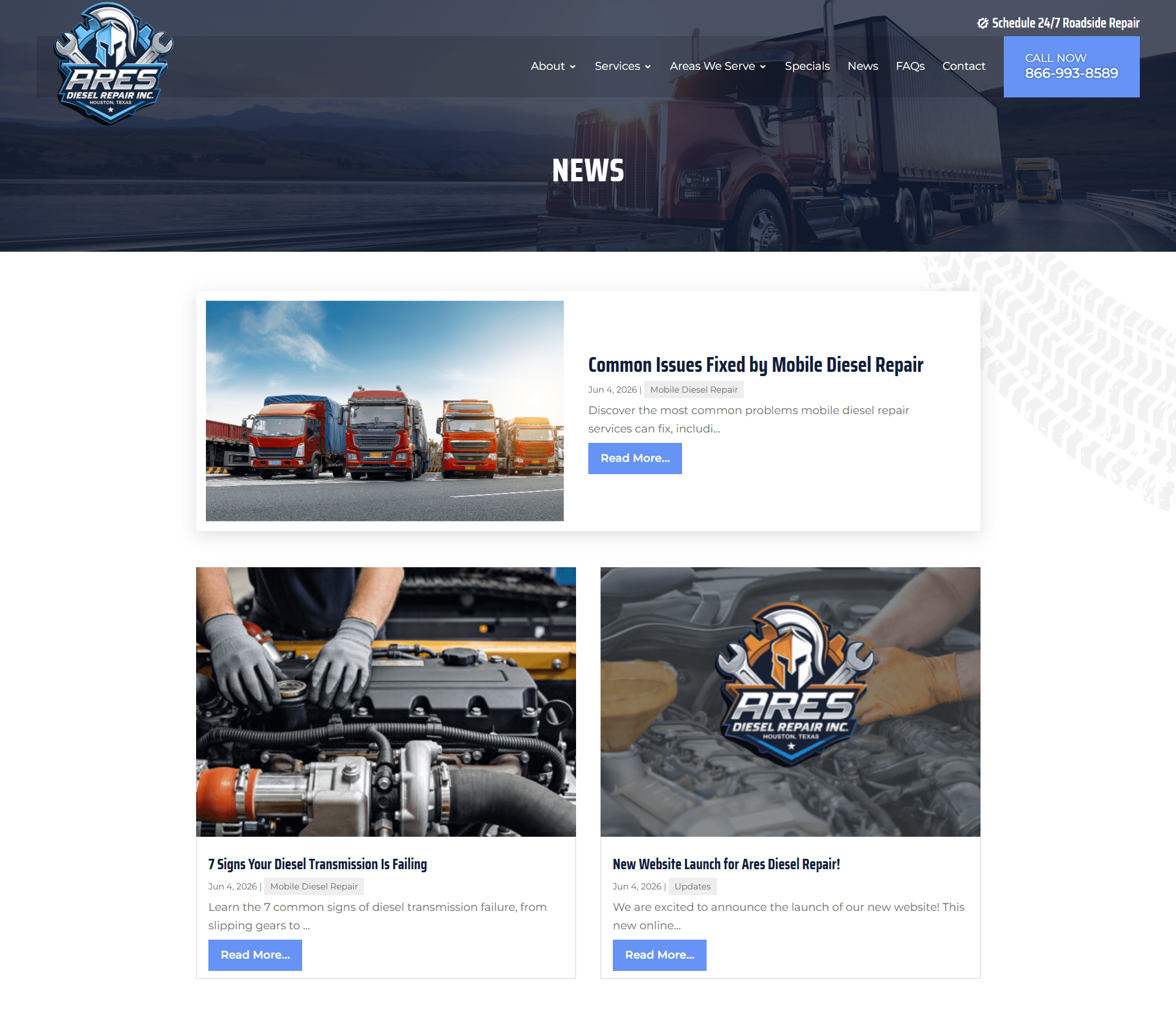 Diesel repair news fleet mainten | itvibes full service digital marketing agency in houston Row of Colorful Semi trucks Parked Side by Side on a Sunny Highway Backdrop for a Trucking Blog Feature