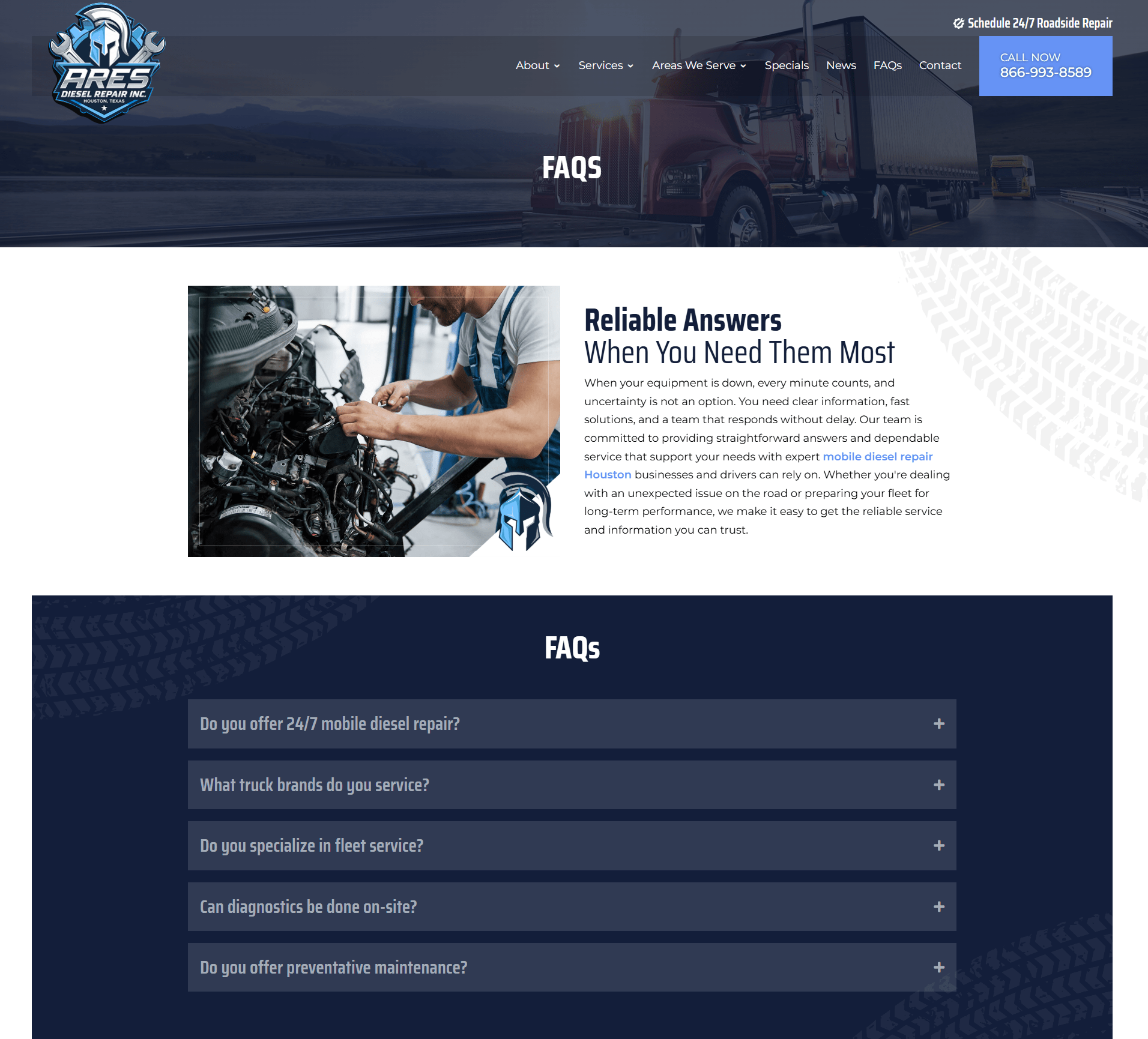 Diesel repair service faqs mobil | itvibes full service digital marketing agency in houston Hero Banner Showing a Red Semi truck on a Highway with the Word faqs Overlaid in White Text