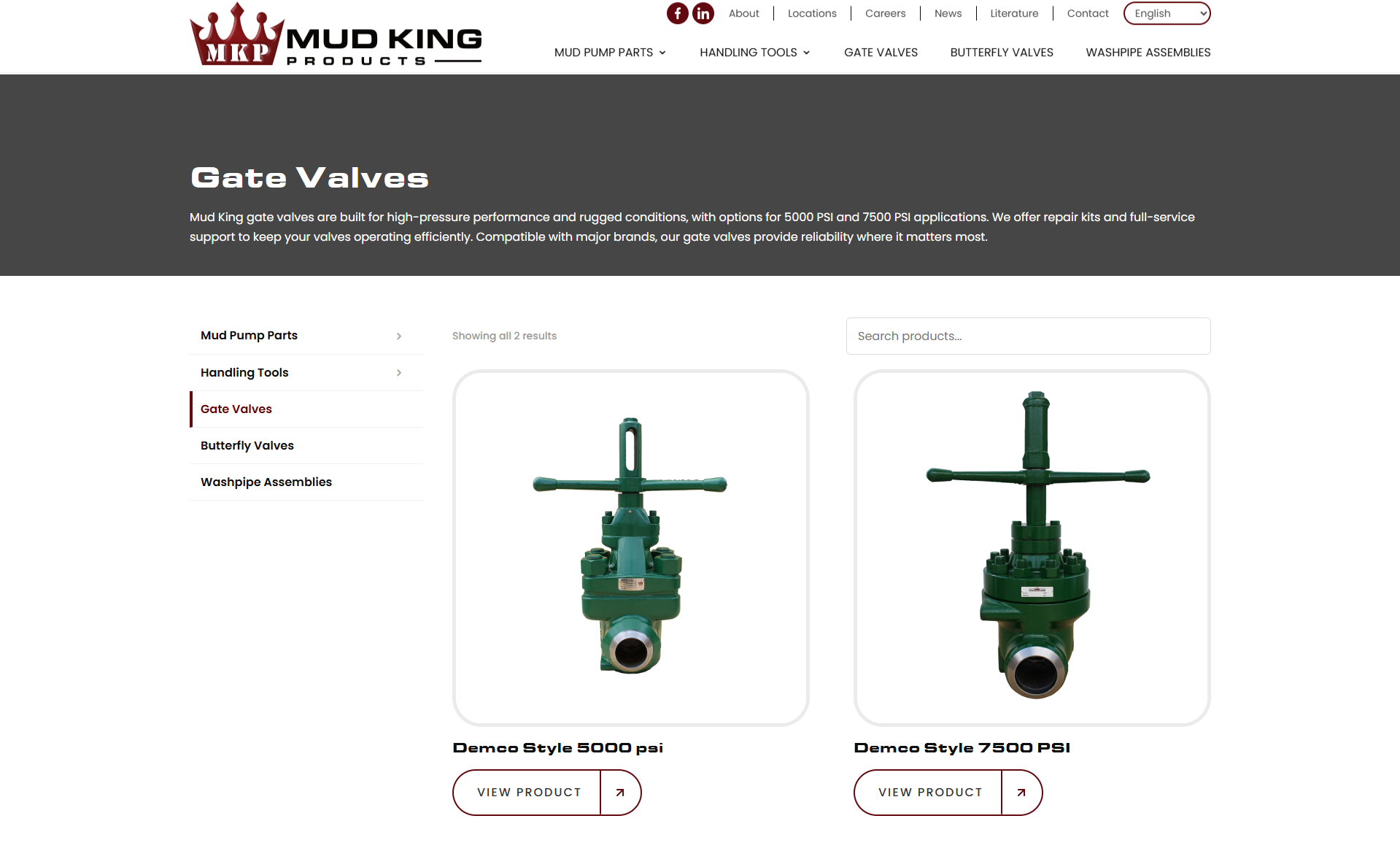 Two Green Gate Valve Product Cards Showing Demco Style 5000 Psi and Demco Style 7500 Psi with view Product Buttons