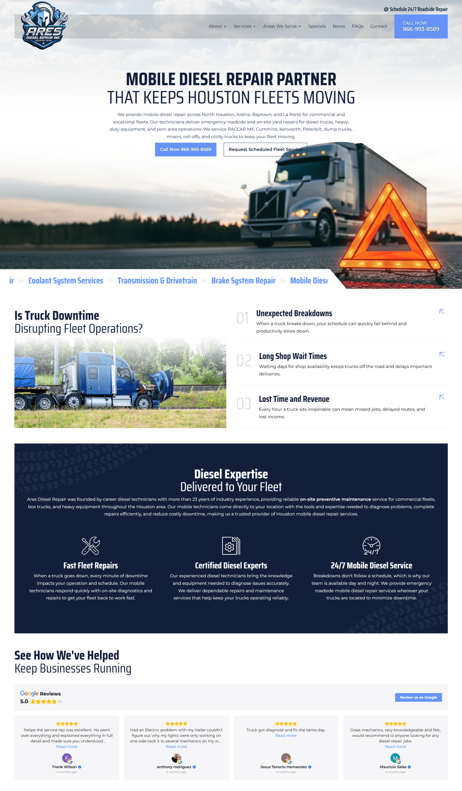 Houston mobile diesel repair fle 1 | itvibes full service digital marketing agency in houston Hero Image of a Diesel Truck on a Highway with an Orange Roadside Triangle Matching the Headline About Mobile Diesel Repair for Houston Fleets Moving Langsung