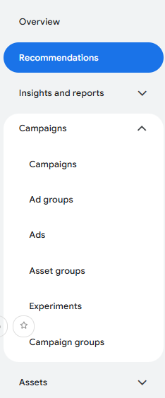 June blog 1 06 04 2026 | itvibes full service digital marketing agency in houston Left Navigation Panel with Overview a Blue Rounded Recommendations Button Insights and Reports with a Caret and an Expanded Campaigns Section Listing Campaigns Ad Groups Ads Asset Groups Experiments and Campaign Groups