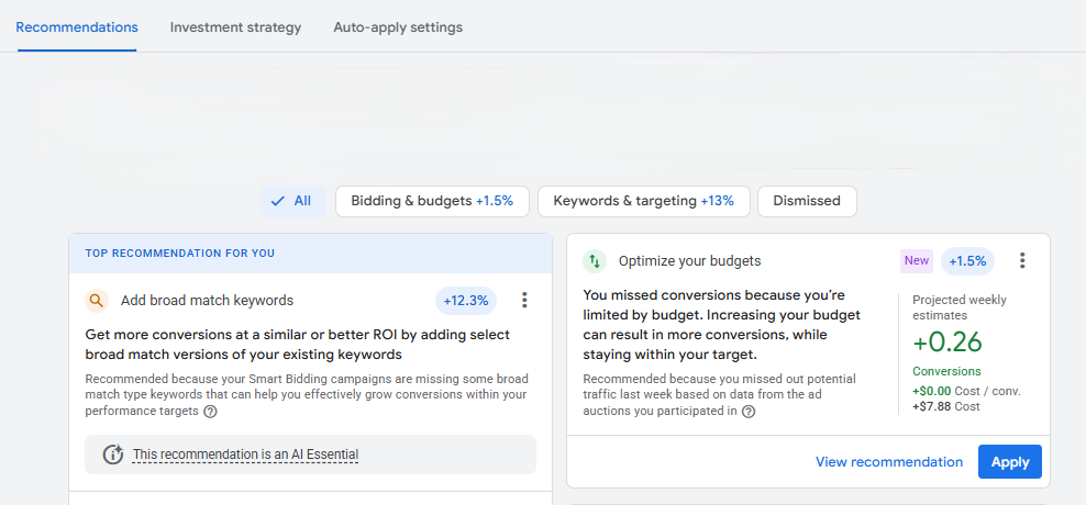 June blog 2 06 04 2026 | itvibes full service digital marketing agency in houston Recommendations Dashboard Showing Top Suggestion Add Broad Match Keywords and Budget Optimization Includes Apply Button and Metrics Area