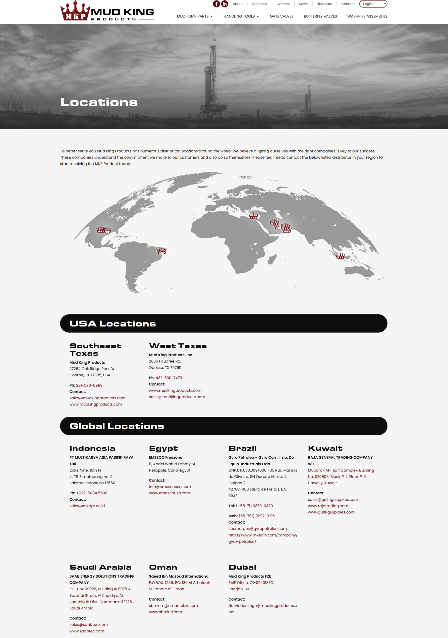 Locations Page Hero Grayscale Photo of Oil Rigs with a Bold locations Title and a World Map Showing Distributor Markers Worldwide