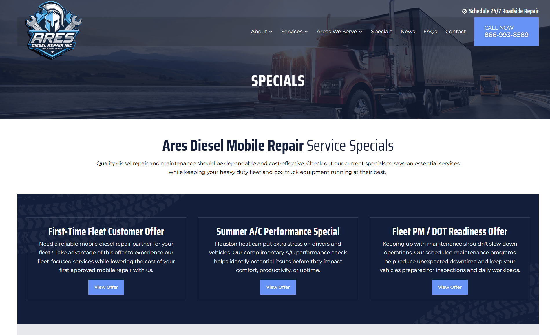 Specials ares diesel mobile repa | itvibes full service digital marketing agency in houston Hero Banner with a Red Semi truck on a Highway and the Ares Diesel Repair Logo specials Overlay Text Center Stage