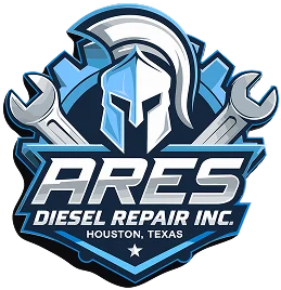 Footer logo | itvibes full service digital marketing agency in houston Logo for Ares Diesel Repair Inc with a Knight Helmet and Crossed Wrenches on a Blue Shield Houston Texas