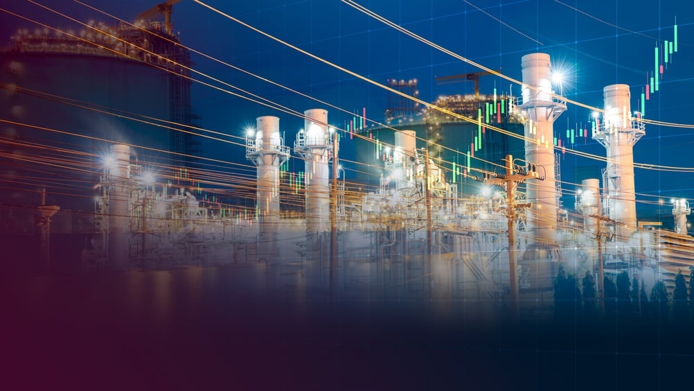 Double exposure of natural gas storage tanks power plant at night with rising stock market financial graph. Concept of energy investment, industrial growth, economic indicators, and power trading.