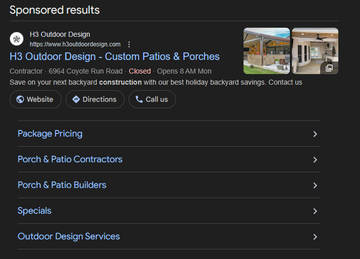 Unnamed 1 | itvibes full service digital marketing agency in houston Sponsored Results Card for H3 Outdoor Design with Two Patio Design Thumbnails and Contact Options website Directions Call