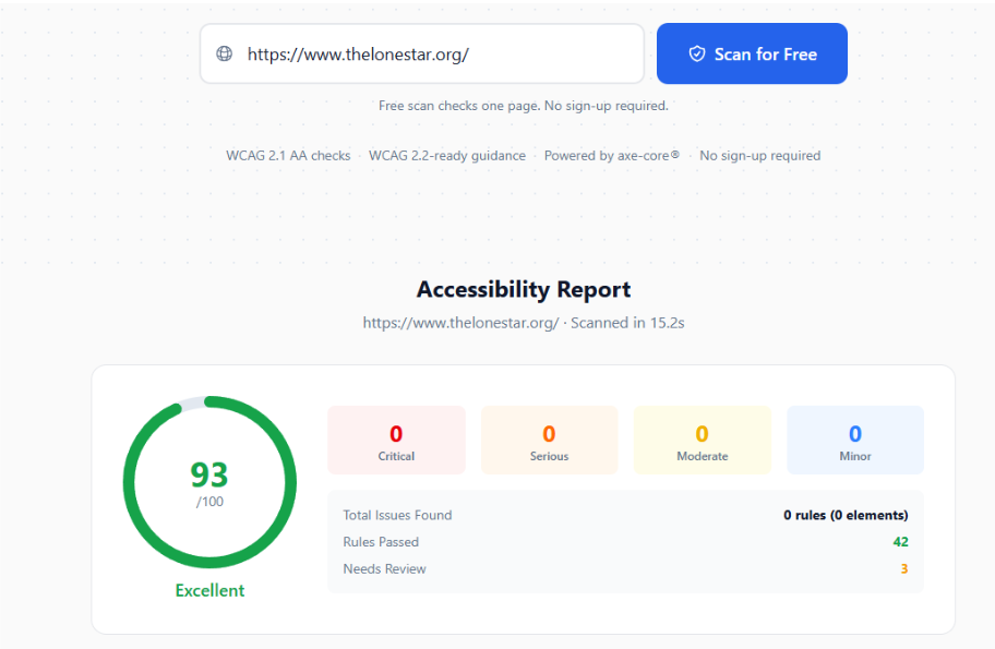 Screenshot 2026 07 13 112921 | itvibes full service digital marketing agency in houston Accessibility Report Score 93100 excellent with Circular Green Gauge and Category Blocks Showing 0 Issues in Critical Serious Moderate and Minor