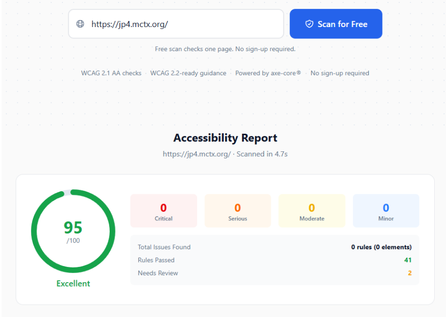 New | itvibes full service digital marketing agency in houston Accessibility Report Score 93100 excellent with Circular Green Gauge and Category Blocks Showing 0 Issues in Critical Serious Moderate and Minor