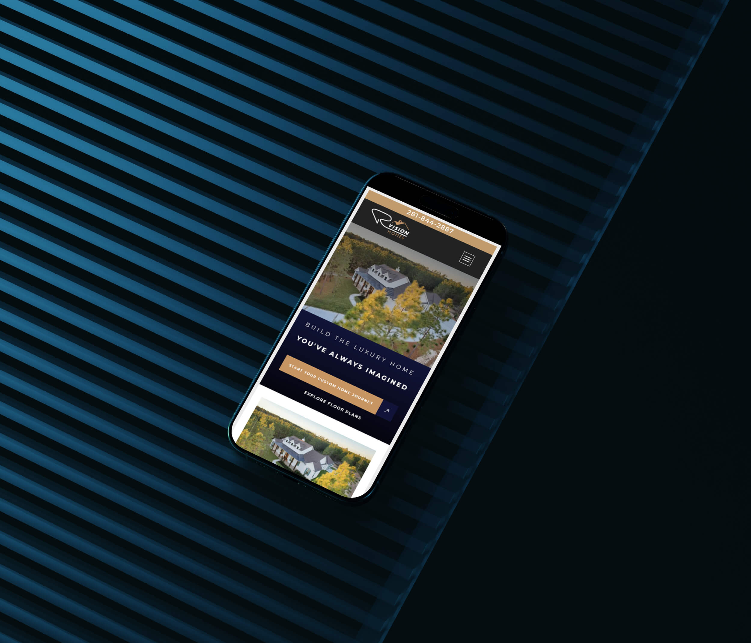 Rvison mobile | itvibes full service digital marketing agency in houston Smartphone Showing a Real Estate Website with a Property Image and Menu Icon on a Blue Striped Background