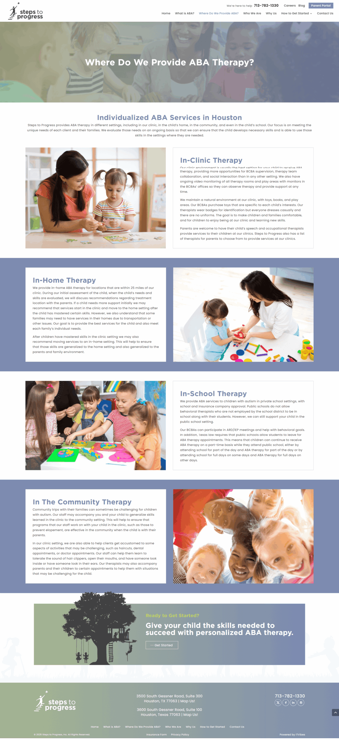 36d2f88f c329 42c7 94cd 27bc871b | itvibes full service digital marketing agency in houston Homepage Screenshot for Steps to Progress Aba Therapy Services in Houston Featuring a Hero Banner Navigation and Sections About In clinic In home and In school Therapy with Photos of Children in Therapy