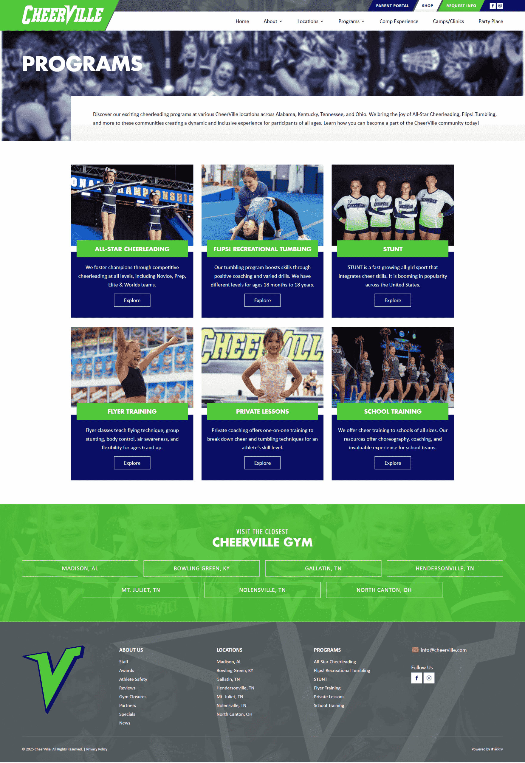 5698f90c 7fad 4a96 91d3 4519cdb7 | itvibes full service digital marketing agency in houston Cheerville Programs Page a 3 column Grid of Program Cards all star Cheerleading Tumbling Stunt Flyer Training Private Lessons School Training with Green Ribbons and Blue Card Bodies