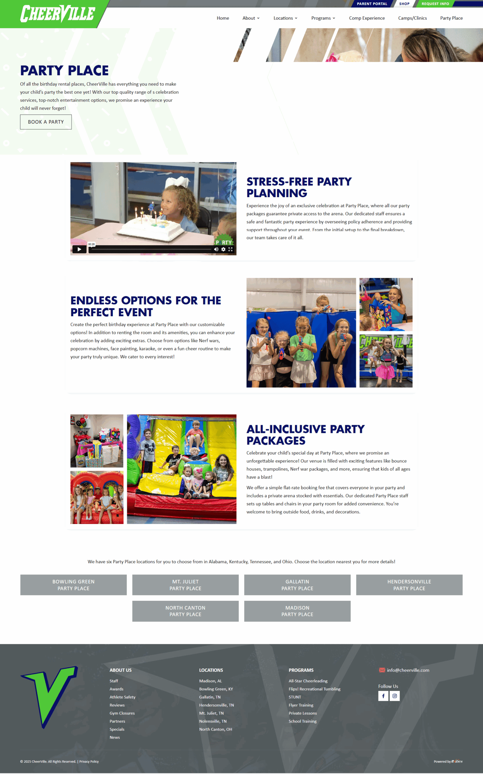 69218c37 a1b9 4922 a97a 21b75f35 | itvibes full service digital marketing agency in houston Cheerville Party Place Hero party Place Headline with a book a Party Button and Decorative Background Graphics