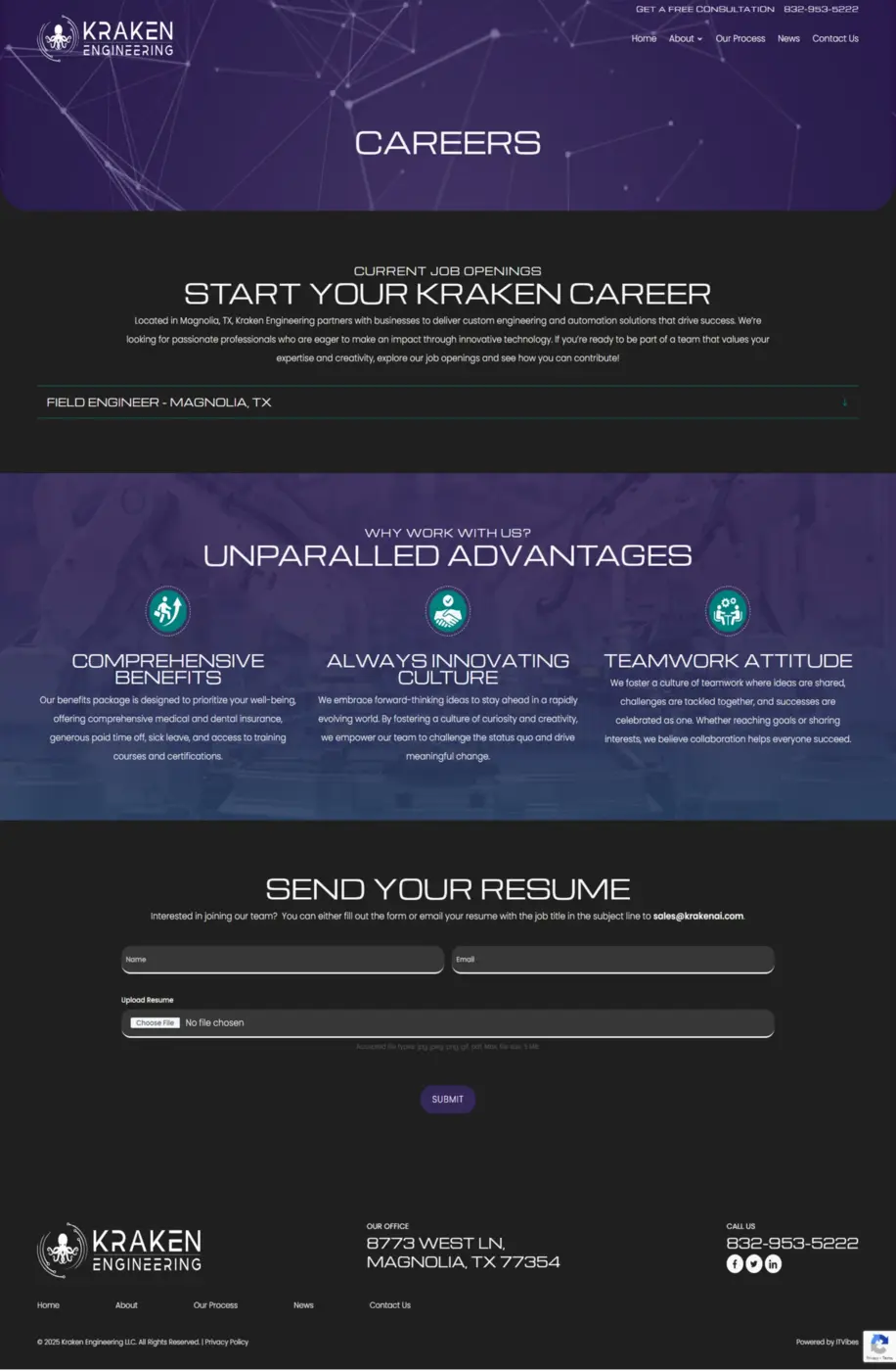 94768e6d 8acb 4f7a 9c23 84307778 1 | itvibes full service digital marketing agency in houston Kraken Engineering Careers Page Header with Navigation and Purple Network Background Announcing Current Job Openings and Field Engineer Role in Magnolia Tx