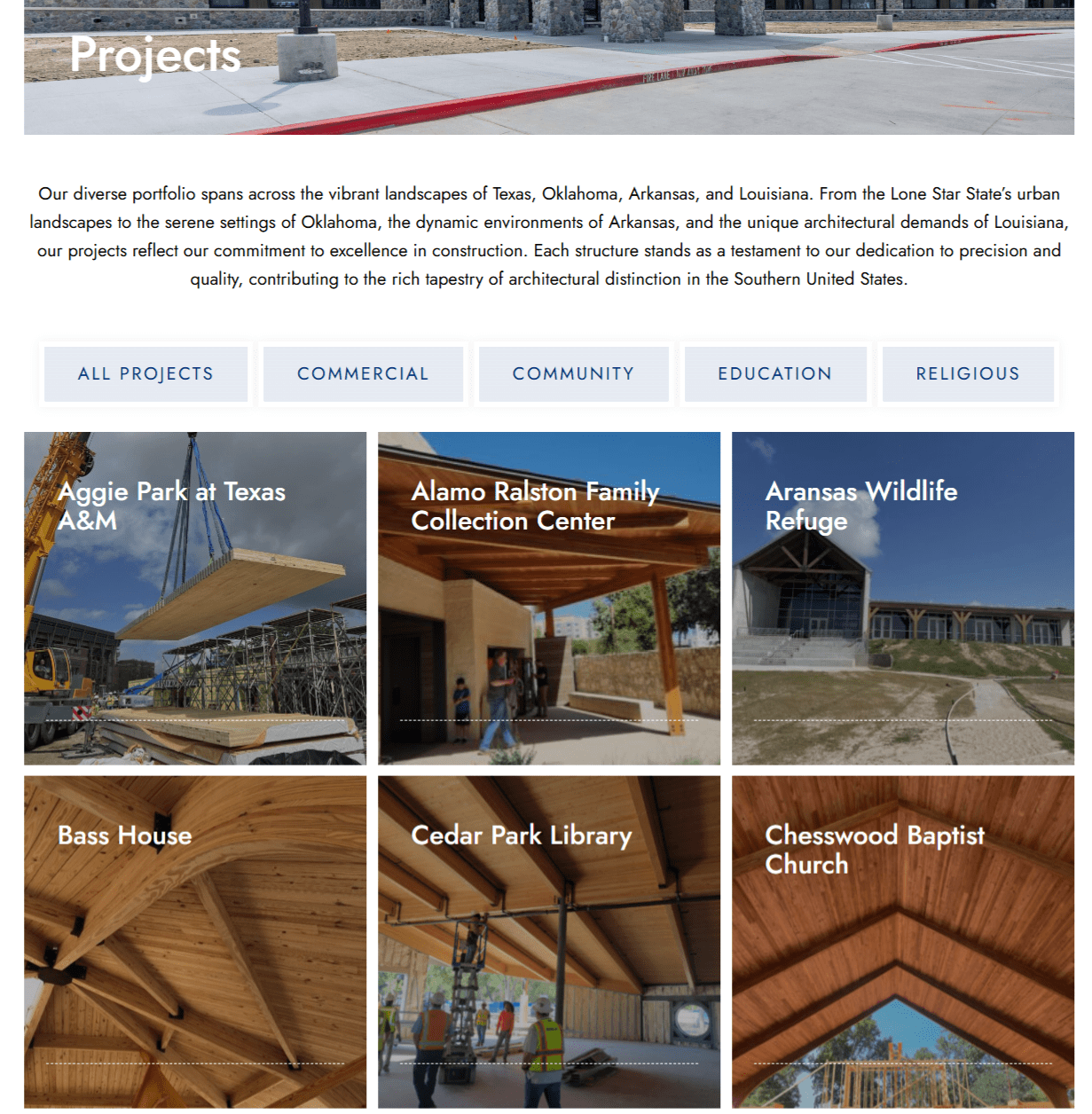 Explore mass timber projects bin | itvibes full service digital marketing agency in houston Portfolio Projects Page Header with a Grid of Project Cards Showing Names Like Aggie Park at Texas Am and Alamo Ralston Family Collection Center