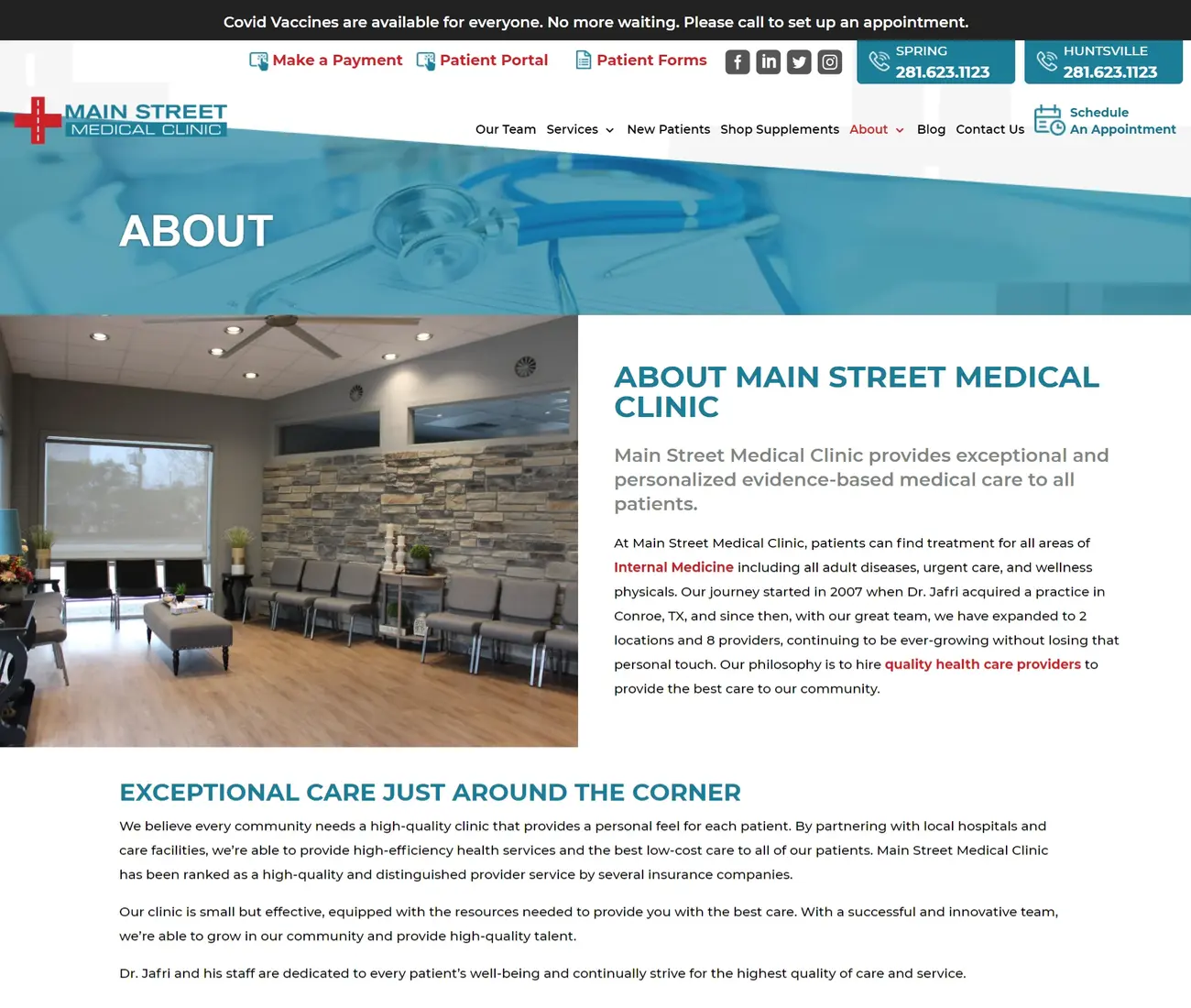 Main home 1 | itvibes full service digital marketing agency in houston Interior of a Clinic Waiting Area with Beige Chairs and a Stone Accent Wall Page Title Reads about Main Street Medical Clinic