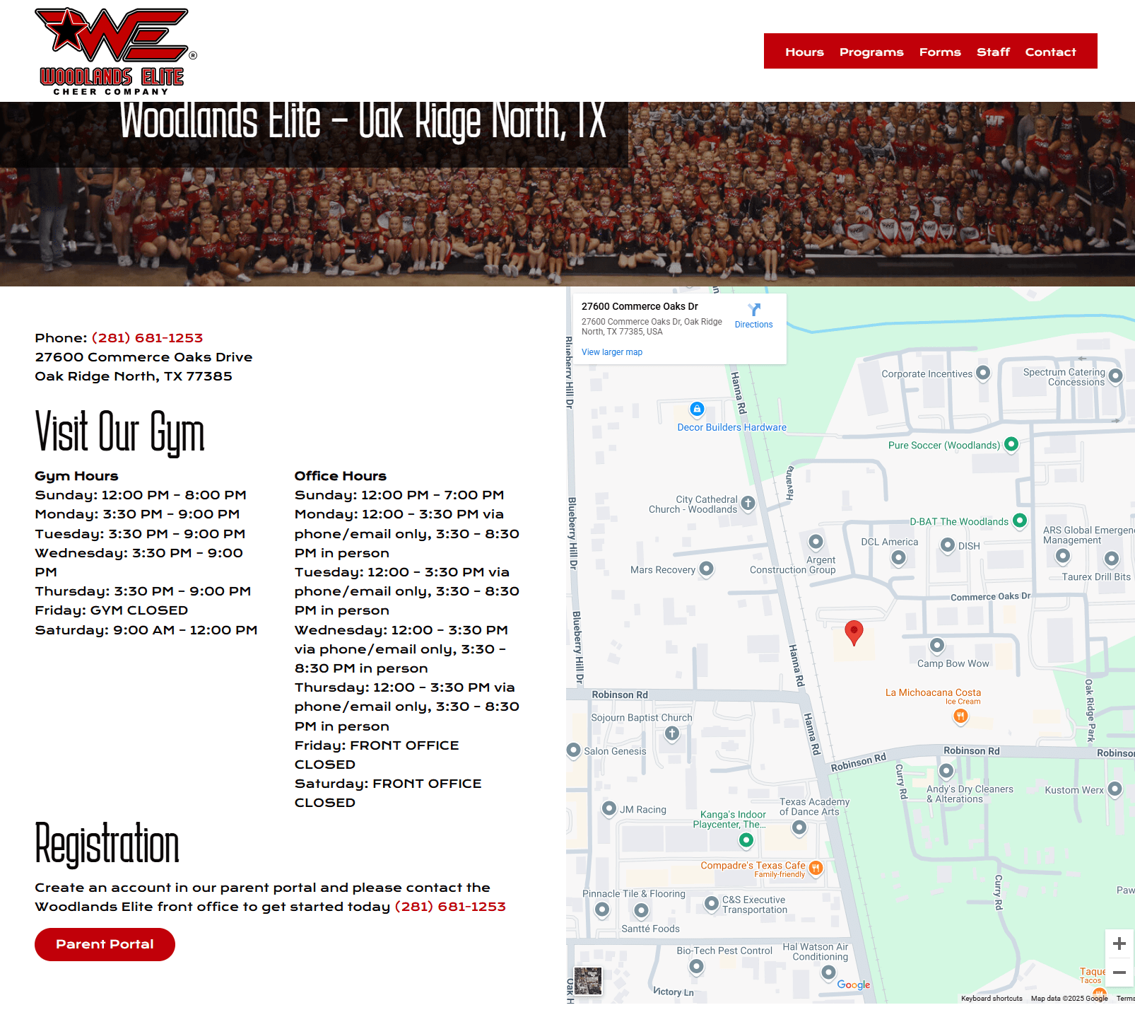 Oak ridge north gym woodlands el | itvibes full service digital marketing agency in houston Group Photo Banner for Woodlands Elite Cheer Company with Gym Contact Details and a Map Showing the Oak Ridge North Location