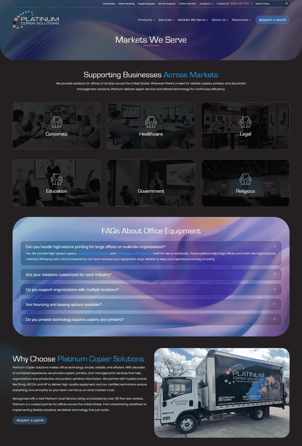 Marketing Page for Platinum Copier Solutions Showing Six Market Tiles corporate Healthcare Legal Education Government Religious and a Purple Faq Panel Below Plus a Truck Image Section Later in the Page