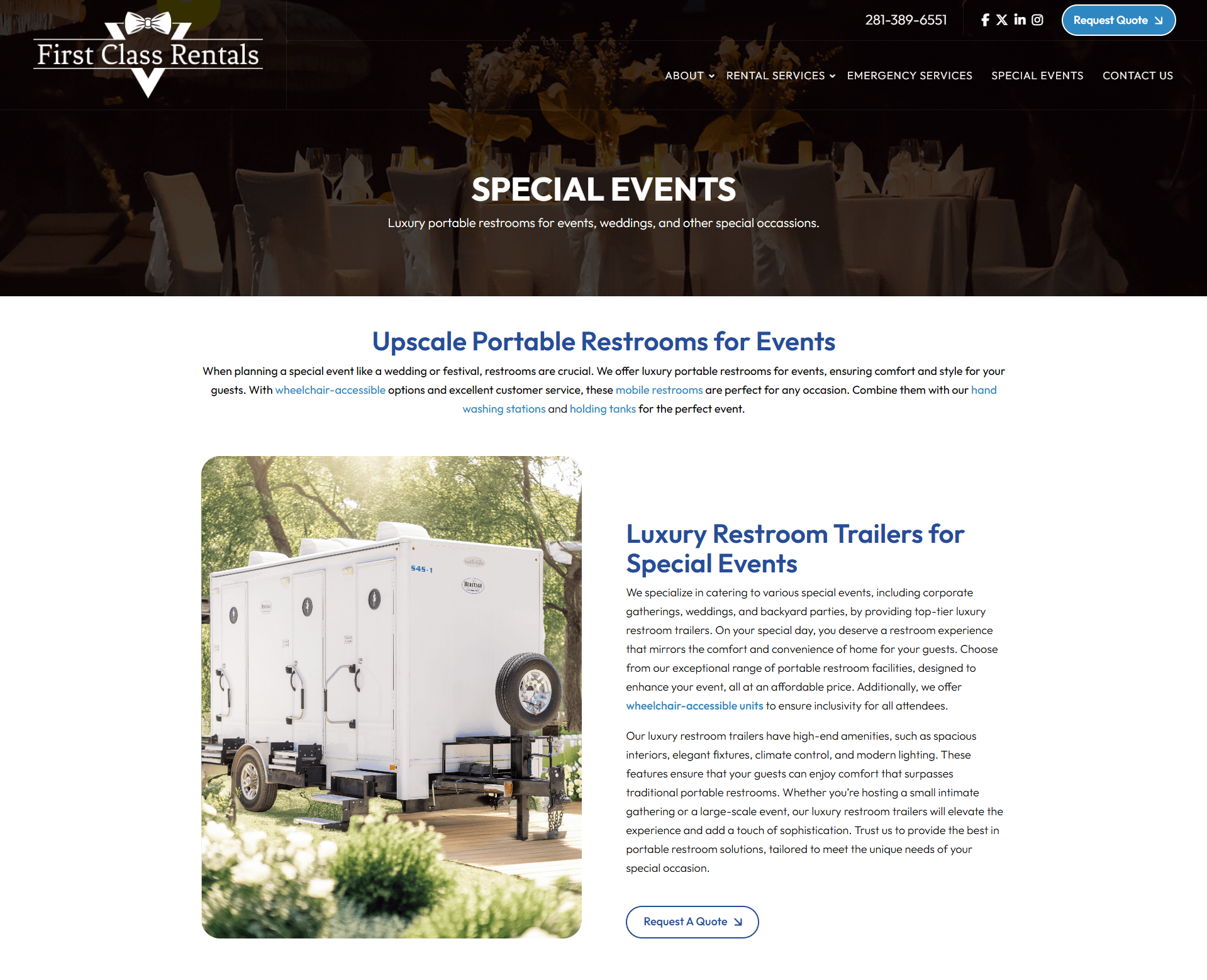 Portable restrooms for events in | itvibes full service digital marketing agency in houston White Luxury Portable Restroom Trailer with Multiple Doors Parked on a Grassy Lawn at an Outdoor Event Setting