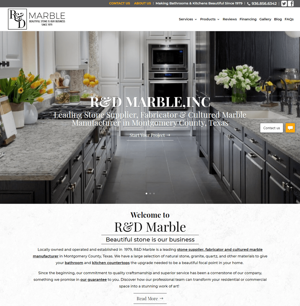 Rd home 2 | itvibes full service digital marketing agency in houston Hero Banner Modern Kitchen with Marble Countertops and Dark Cabinetry Featuring Rd Marble Branding and Slogan