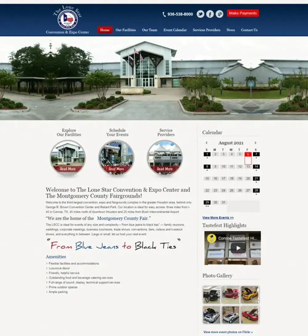 The lone star co 1 | itvibes full service digital marketing agency in houston Wide Exterior View of the Lone Star Convention Expo Center with a Blue Header Navigation Circular Feature Icons and a Right side Calendar