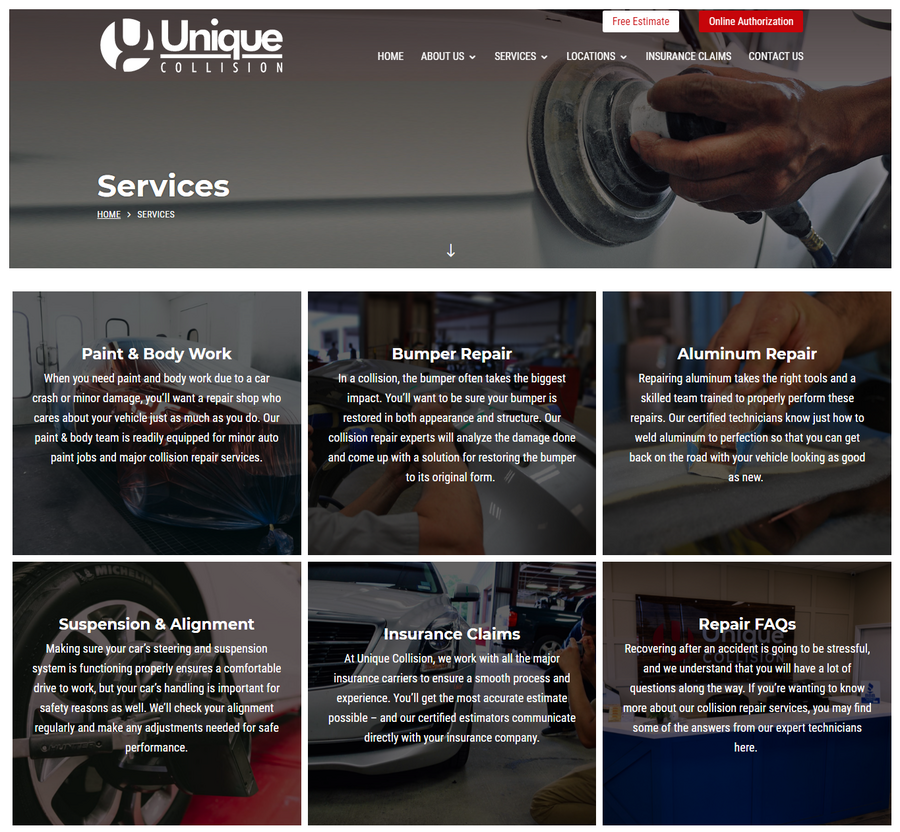 Uc services 1 | itvibes full service digital marketing agency in houston Hero Banner for Unique Collision Services Page Showing Six Service Tiles paint Body Work Bumper Repair Aluminum Repair Suspension Alignment Insurance Claims Repair Faqs with a Car Being Polished in the Background