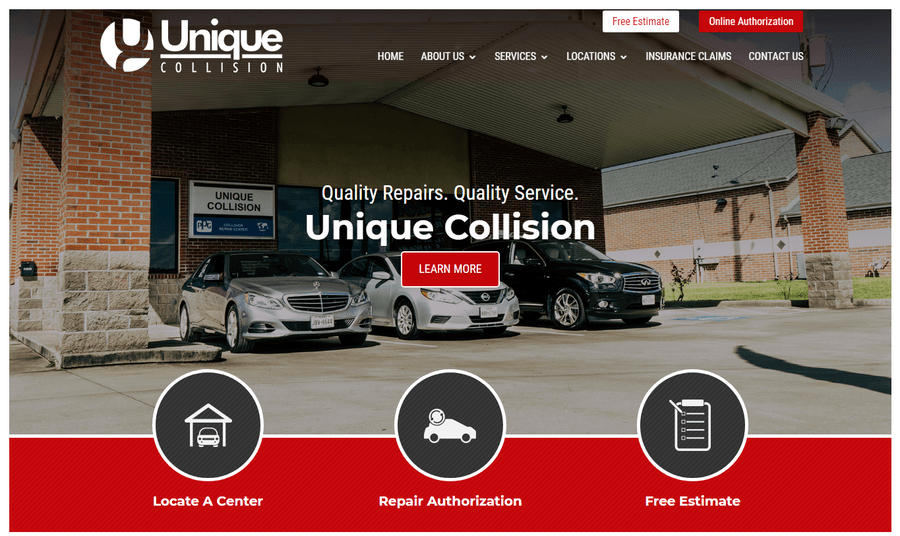 Uc home 1 | itvibes full service digital marketing agency in houston Hero Image of Unique Collision Storefront with Three Circular Service Iconslocate a Center Repair Authorization Free Estimateon a Red Band Beneath the Image Learn More Button Visible in the Hero