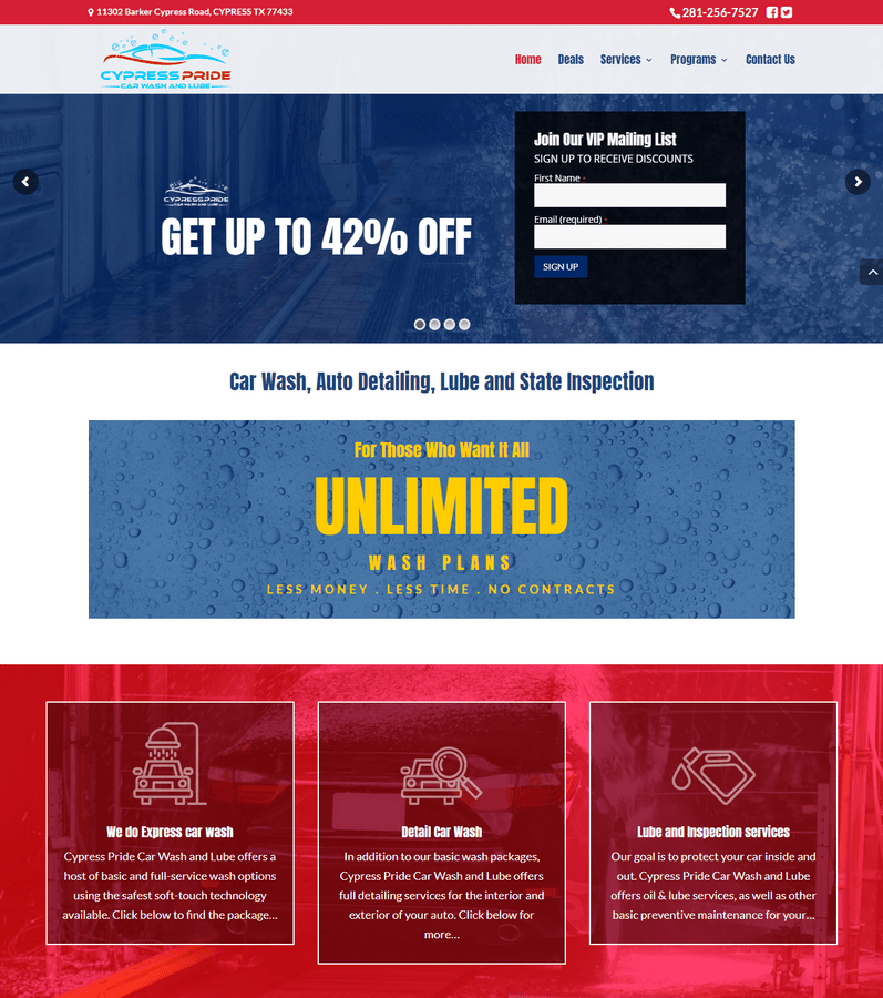 Cypress pride home 1 | itvibes full service digital marketing agency in houston Cypress Pride Homepage Hero Banner with Up to 42 off and a Vip Signup Form on the Right