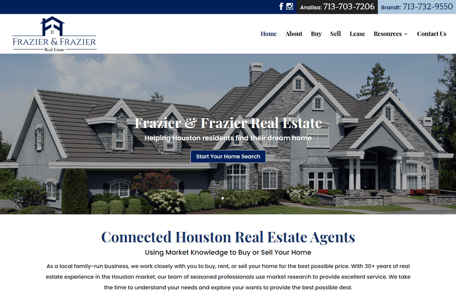 Ff home 1 | itvibes full service digital marketing agency in houston Hero Image of a Large Houston area House with Frazier Frazier Real Estate Branding Tagline About Helping Houston Residents Find Their Dream Home and a Start Your Home Search Button
