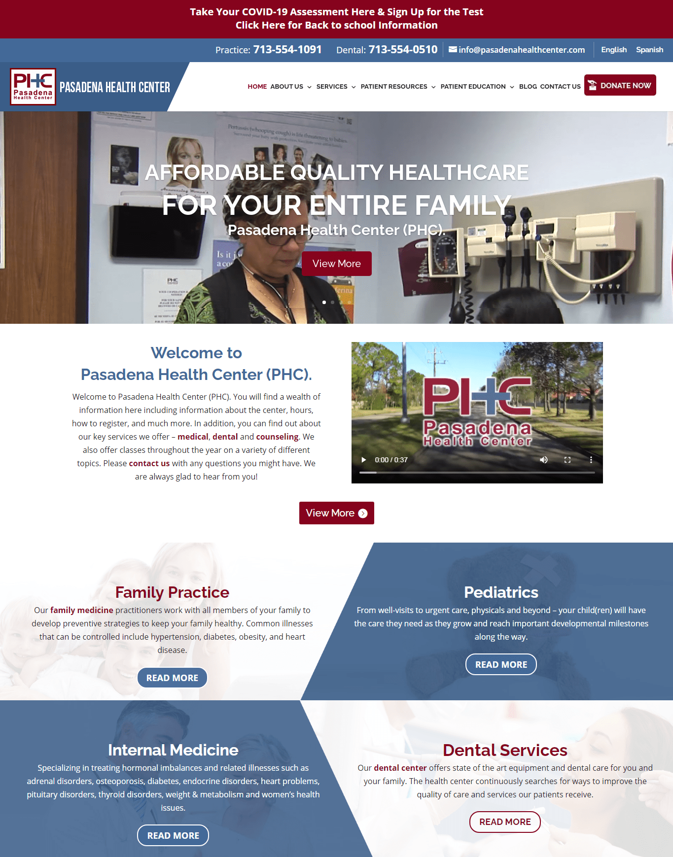 Hero Section Promoting Affordable Quality Healthcare for the Entire Family with a Background Image of a Clinician and Medical Equipment and a View More Button