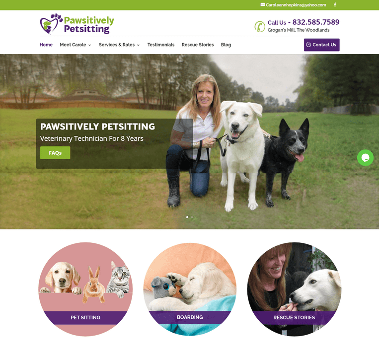 Pawsitively home 1 | itvibes full service digital marketing agency in houston Pawsitively Petsitting Hero Banner with a Woman Kneeling Beside Two Dogs in a Grassy Field